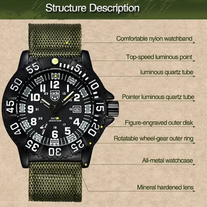 Men’s Rugged Military Quartz Watch – Luminous Dial with Nylon Sports Band