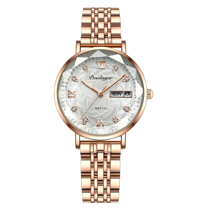 Women’s Round Quartz Watch – Stainless Steel Strap with Date and Week Display