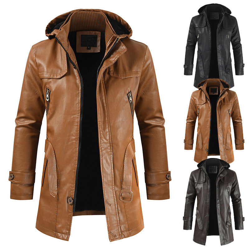 Men's Leather Winter Jacket with Stylish Double Collar and Zip Closure - Warm, Trendy Outerwear for Cold Weather