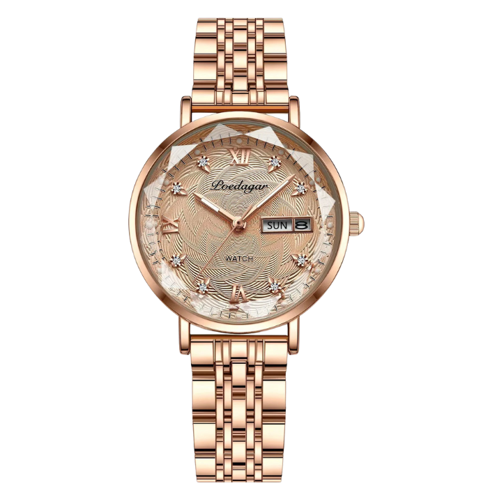 Women’s Round Quartz Watch – Stainless Steel Strap with Date and Week Display