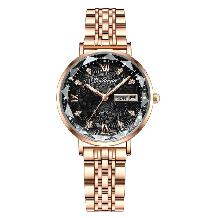 Women’s Round Quartz Watch – Stainless Steel Strap with Date and Week Display