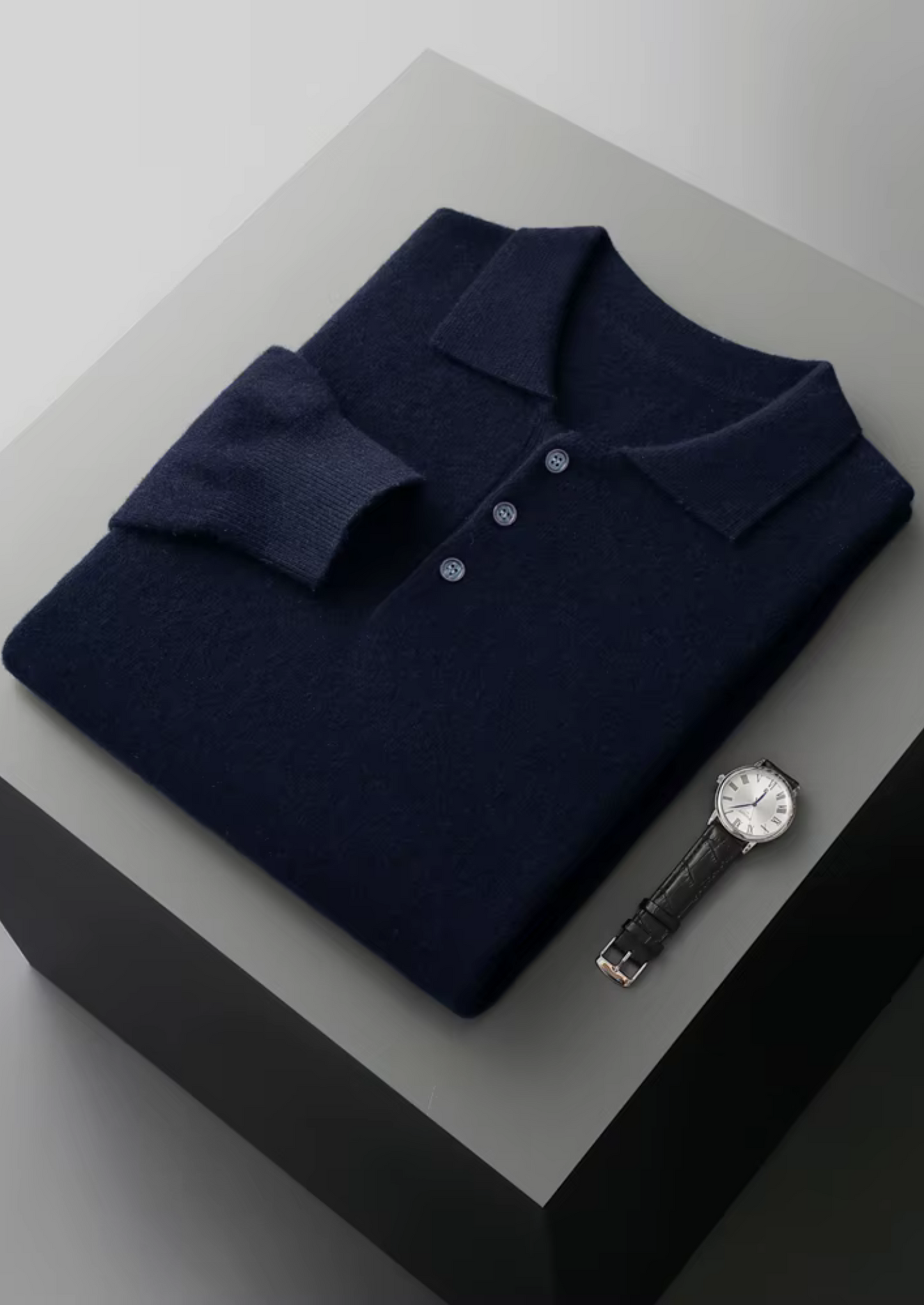Classic Polo Sweater Navy Extra-Fine Merino Wool 14