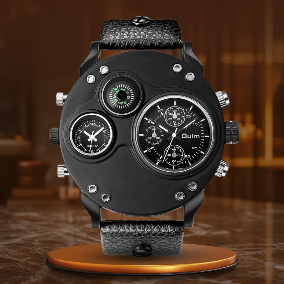 Dual Time Zone Quartz Watch with Black Leather Strap – Stylish and Functional Men's Timepiece 1