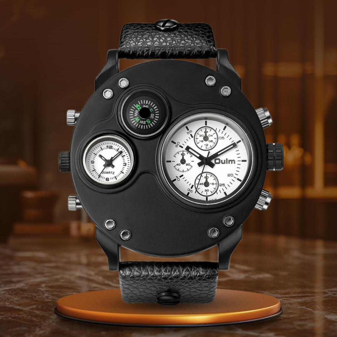 Dual Time Zone Quartz Watch with Black Leather Strap – Stylish and Functional Men's Timepiece 10