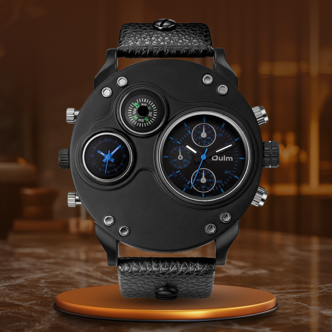 Dual Time Zone Quartz Watch with Black Leather Strap – Stylish and Functional Men's Timepiece 11