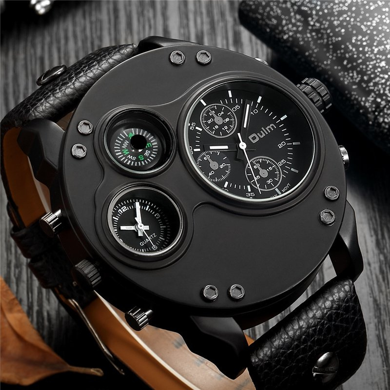Dual Time Zone Quartz Watch with Black Leather Strap – Stylish and Functional Men's Timepiece 2