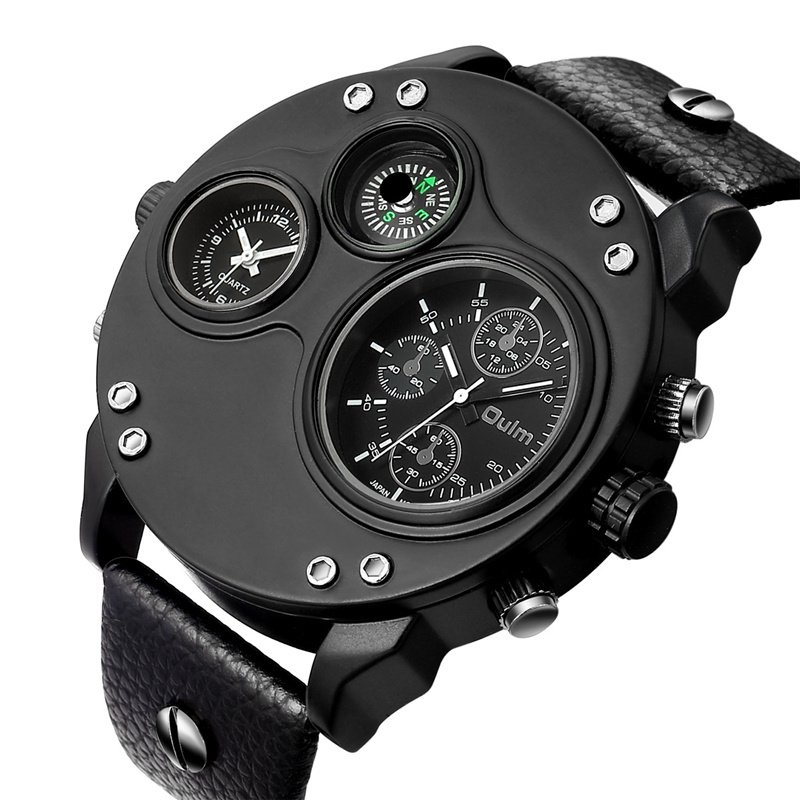 Dual Time Zone Quartz Watch with Black Leather Strap – Stylish and Functional Men's Timepiece 4