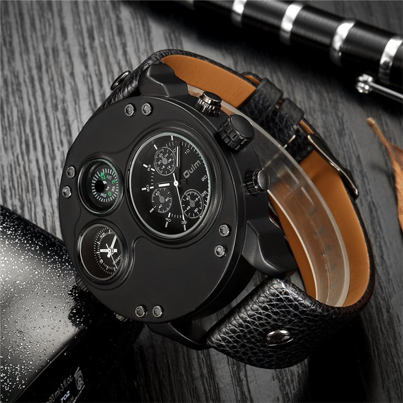 Dual Time Zone Quartz Watch with Black Leather Strap – Stylish and Functional Men's Timepiece 5