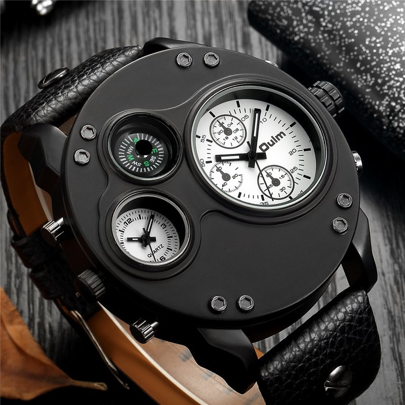 Dual Time Zone Quartz Watch with Black Leather Strap – Stylish and Functional Men's Timepiece 8