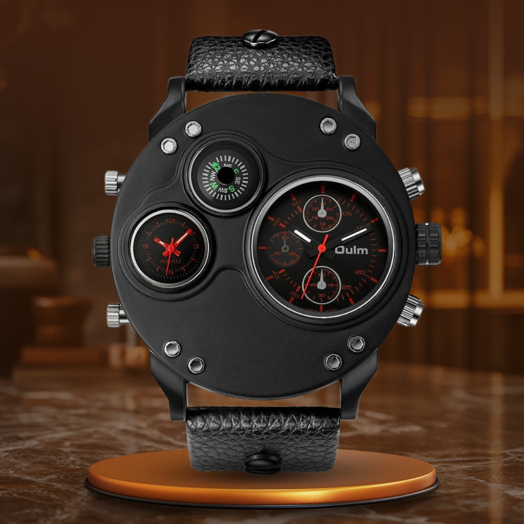 Dual Time Zone Quartz Watch with Black Leather Strap – Stylish and Functional Men's Timepiece 9