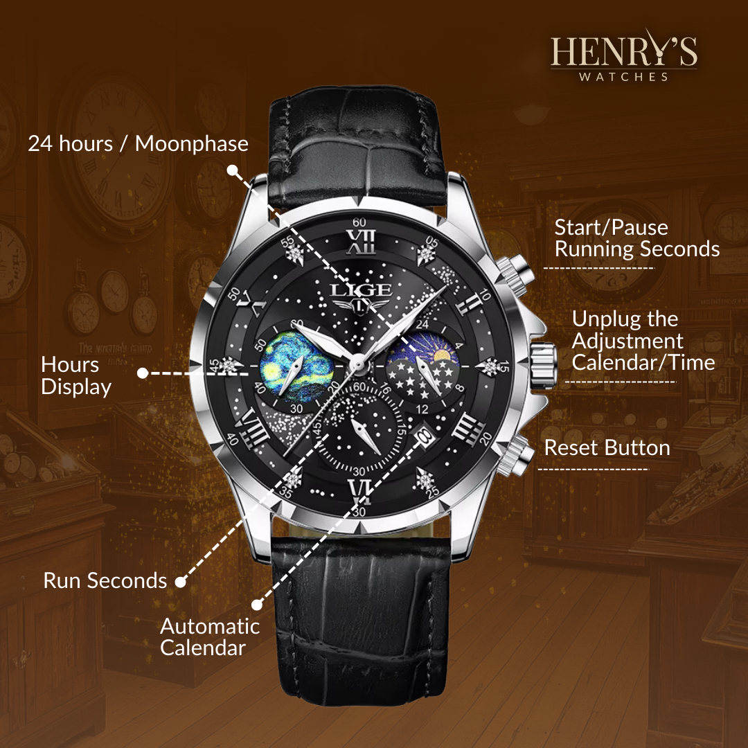 Elegant Moonphase Watch with Leather Strap and Quartz Movement – Luminous Hands and Water Resistant Design 8
