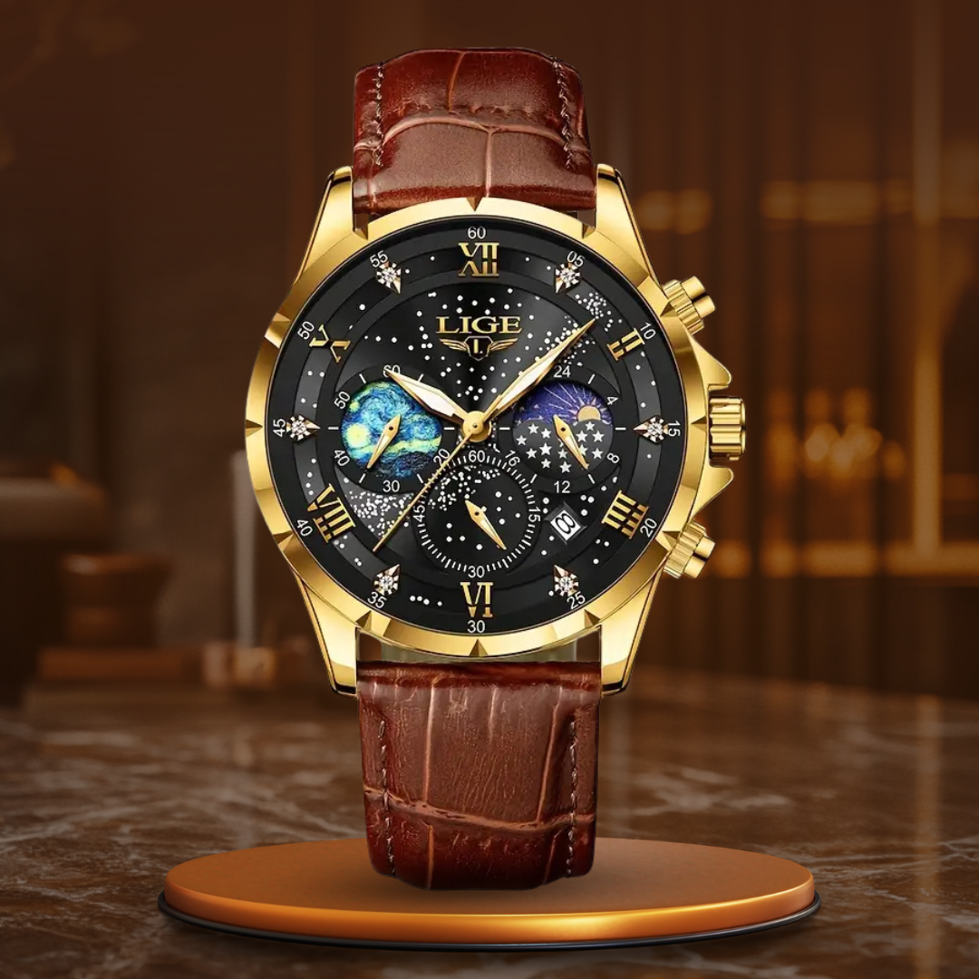 Elegant Moonphase Watch with Quartz Movement – Luminous Hands, Date Display