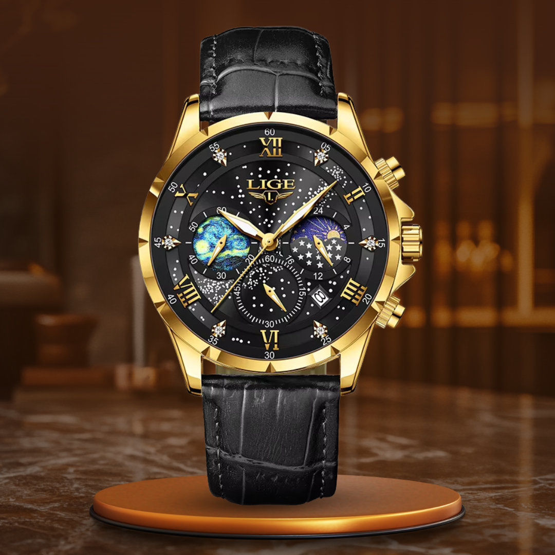 Elegant Moonphase Watch with Quartz Movement – Luminous Hands, Date Display