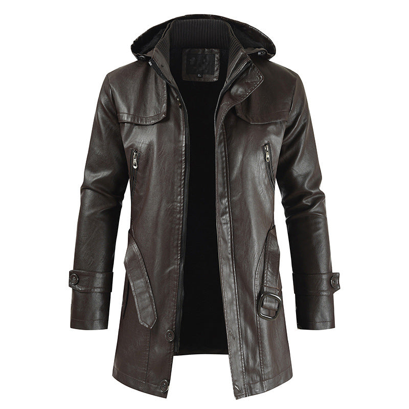 Men's Leather Winter Jacket with Stylish Double Collar and Zip Closure - Warm, Trendy Outerwear for Cold Weather