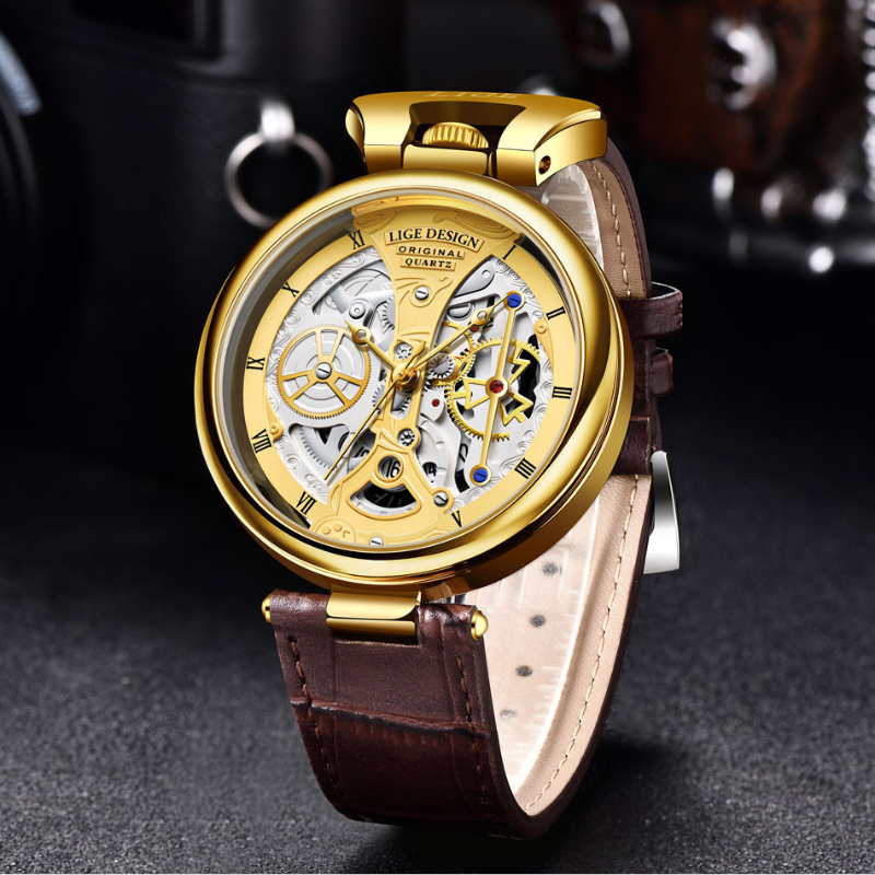 Fashion Hollow Business Watch with Skeleton Design and Leather Strap – Quartz Timepiece for Men 8