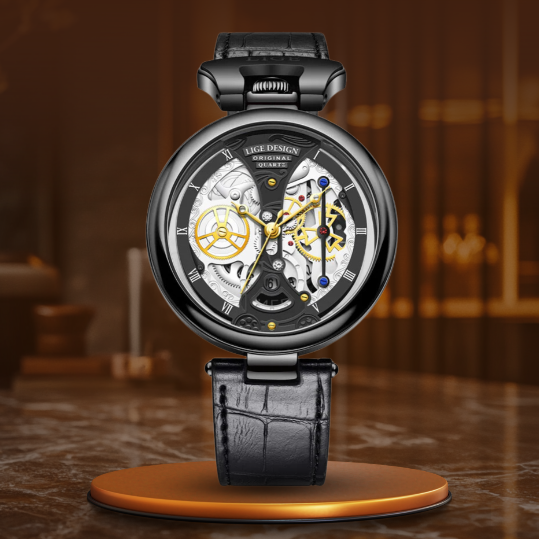 Fashion Hollow Business Watch with Skeleton Design and Leather Strap – Quartz Timepiece for Men 9