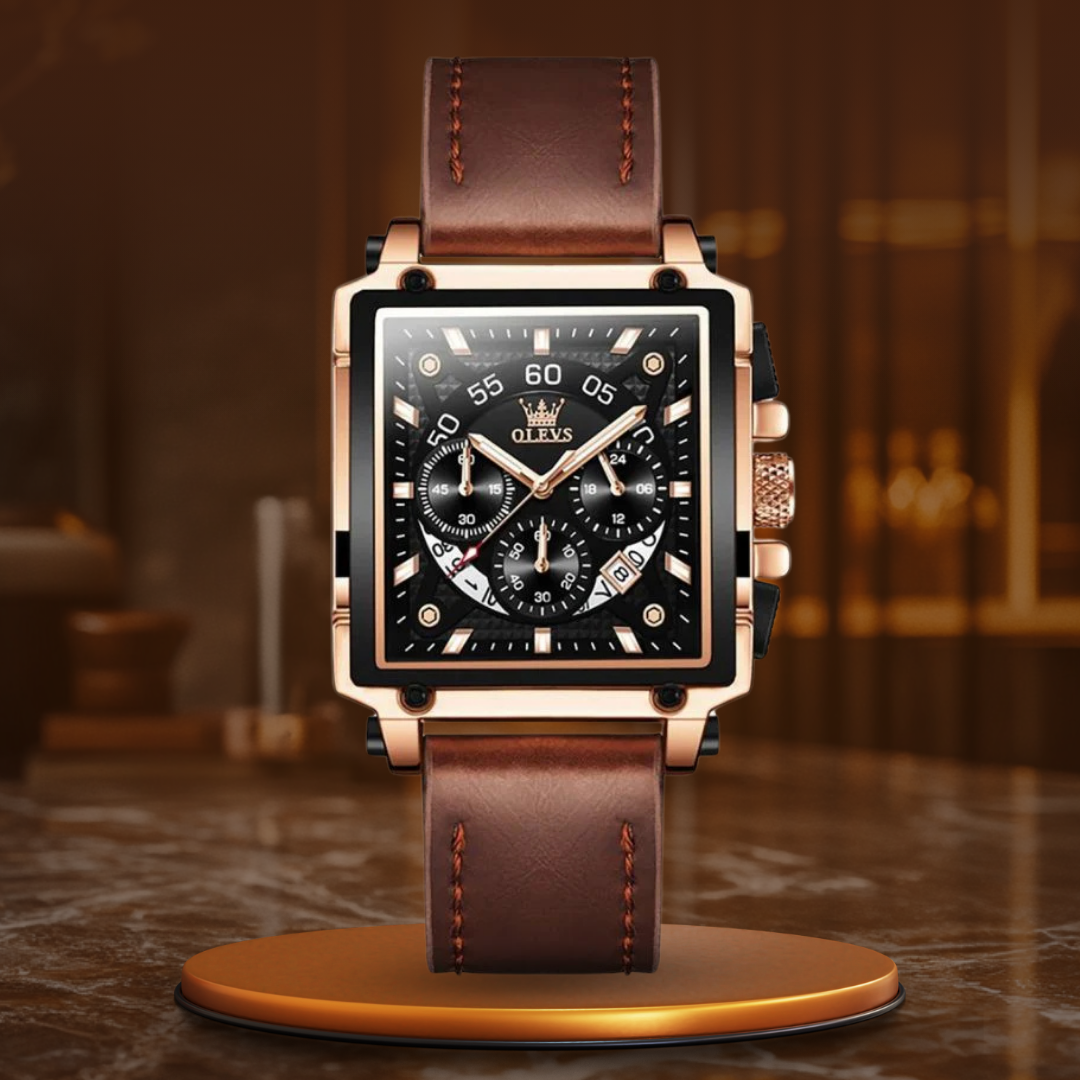 Fashion Square Dial Chronograph Watch with Leather Strap – Quartz Movement, Water-Resistant 1