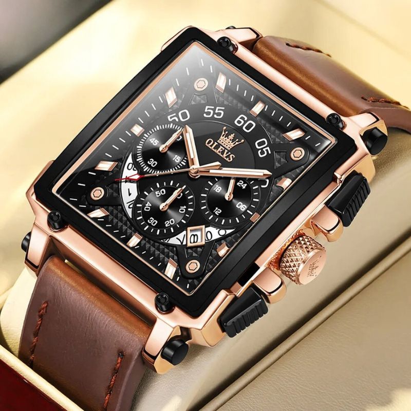 Fashion Square Dial Chronograph Watch with Leather Strap – Quartz Movement, Water-Resistant 2