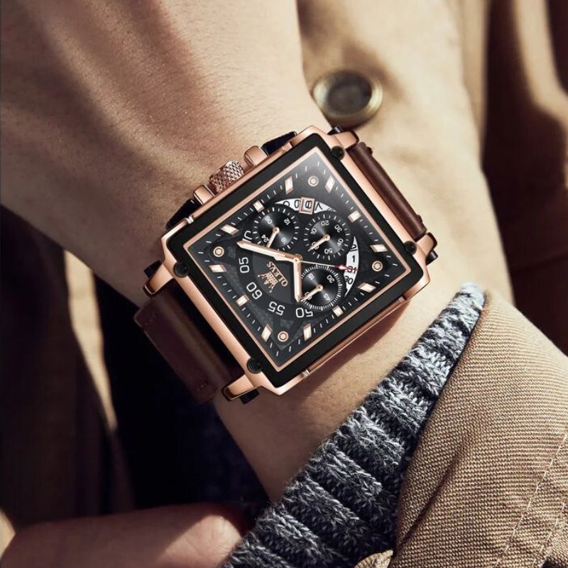 Fashion Square Dial Chronograph Watch with Leather Strap – Quartz Movement, Water-Resistant 4
