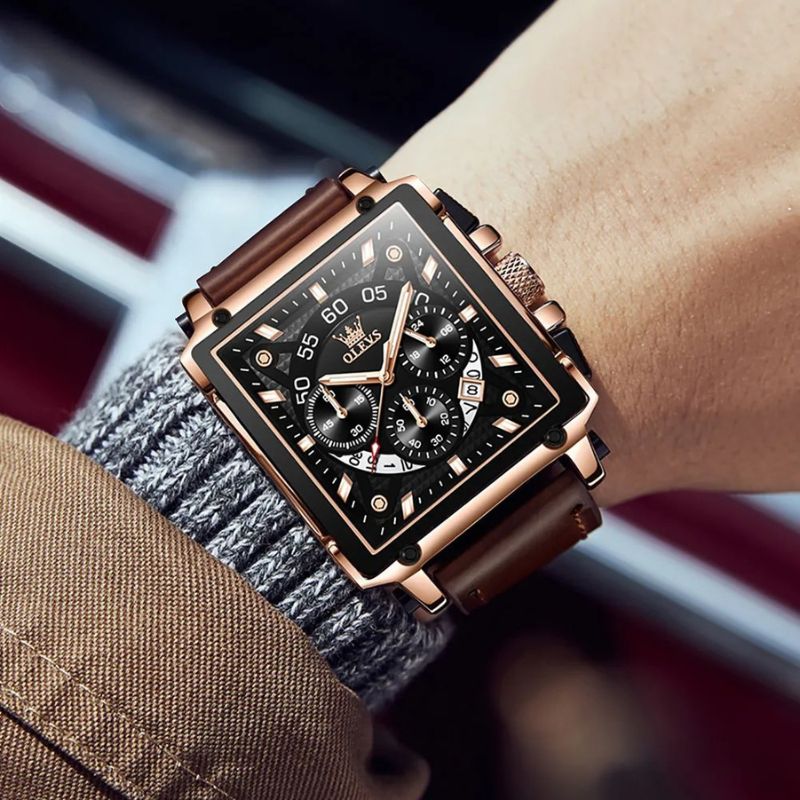 Fashion Square Dial Chronograph Watch with Leather Strap – Quartz Movement, Water-Resistant 5