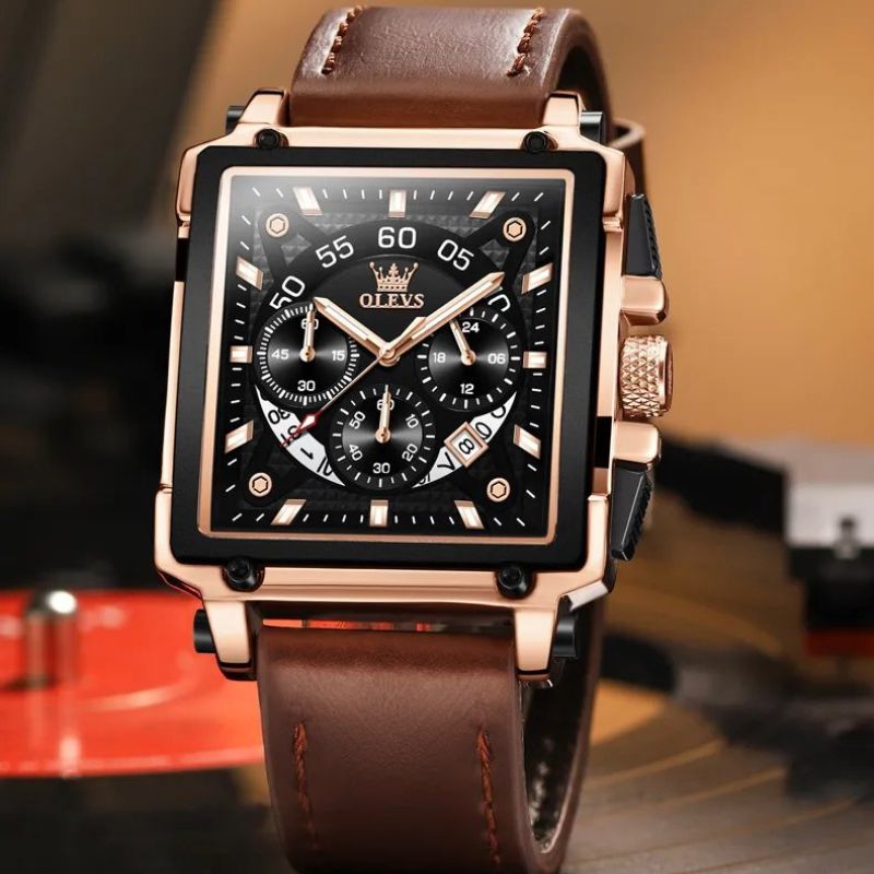Fashion Square Dial Chronograph Watch with Leather Strap – Quartz Movement, Water-Resistant 6