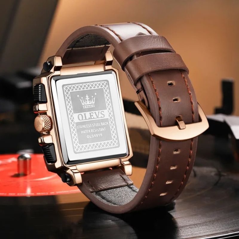 Fashion Square Dial Chronograph Watch with Leather Strap – Quartz Movement, Water-Resistant 7