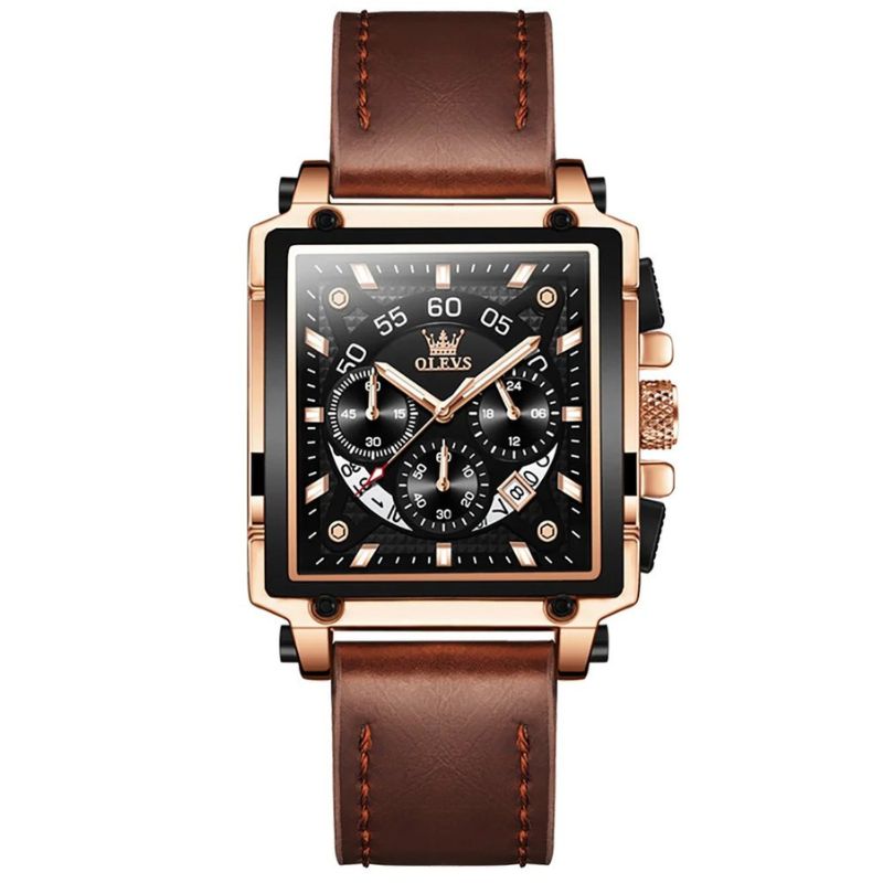 Fashion Square Dial Chronograph Watch with Leather Strap – Quartz Movement, Water-Resistant 8