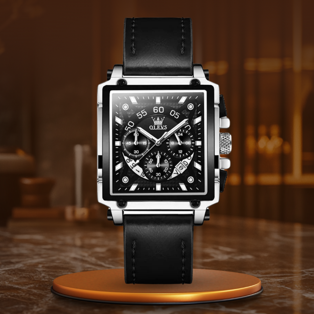 Fashion Square Dial Chronograph Watch with Leather Strap – Quartz Movement, Water-Resistant 9