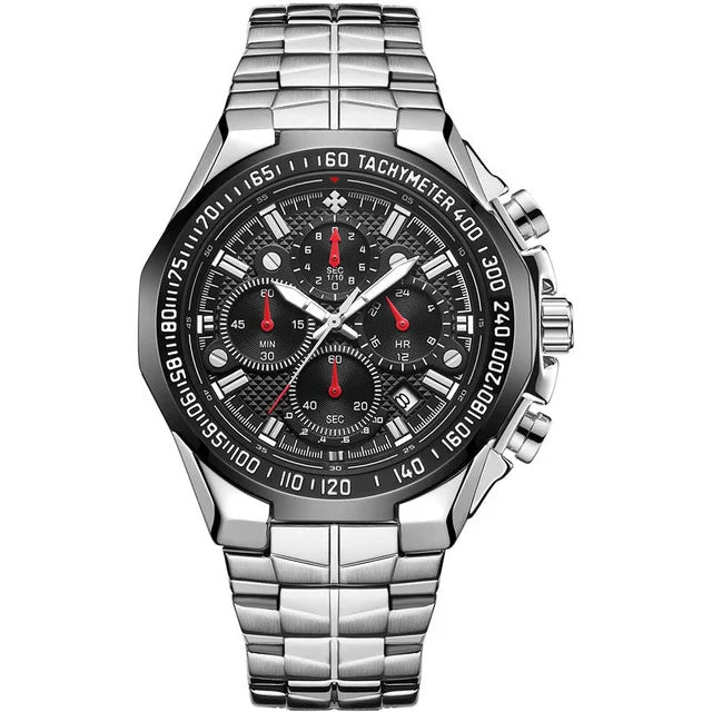 Men’s Luminous Quartz Chronograph Watch – Stainless Steel Strap with Calendar Function