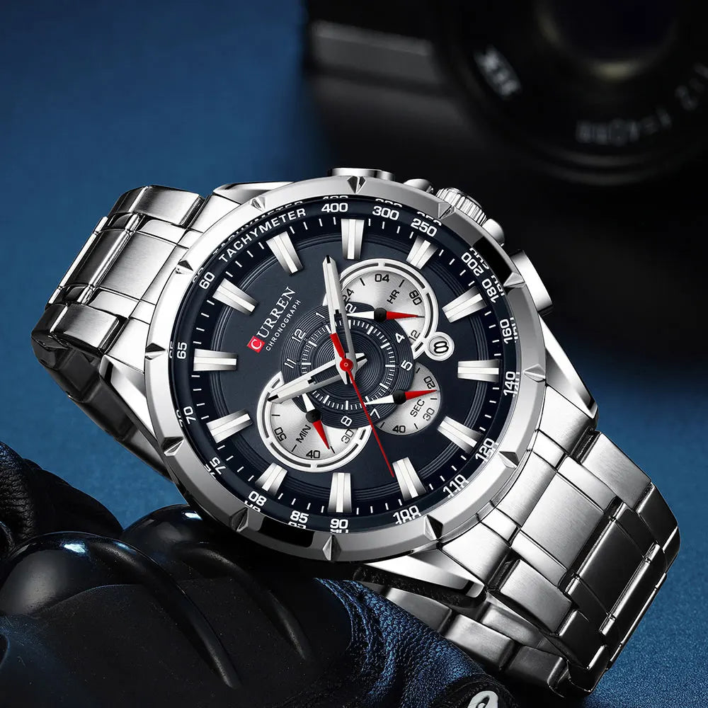 Men’s Stainless Steel Quartz Watch – Classic Round Dial with Chronograph Design