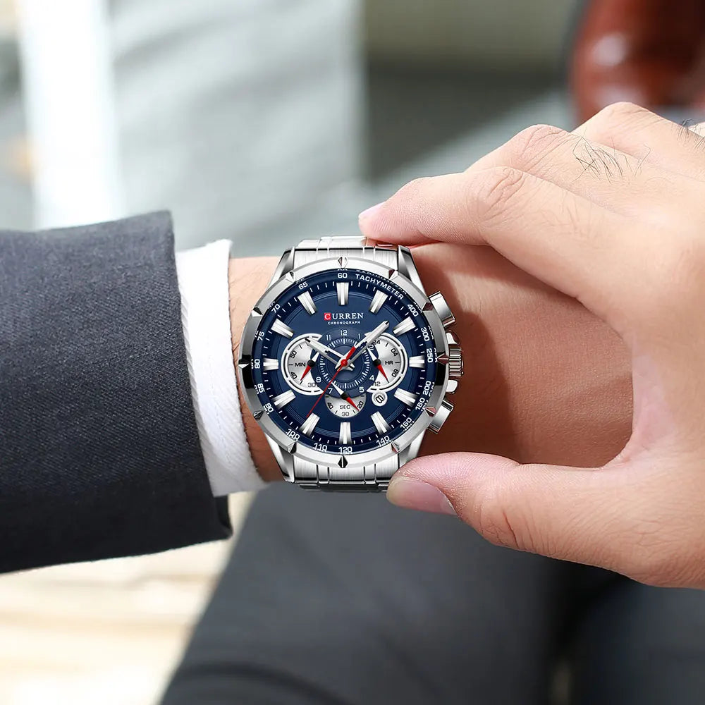 Men’s Stainless Steel Quartz Watch – Classic Round Dial with Chronograph Design