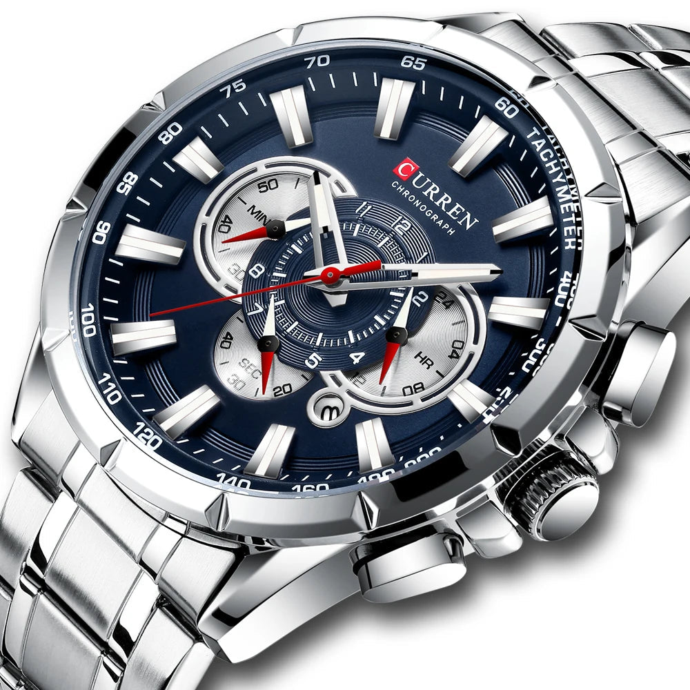 Men’s Stainless Steel Quartz Watch – Classic Round Dial with Chronograph Design