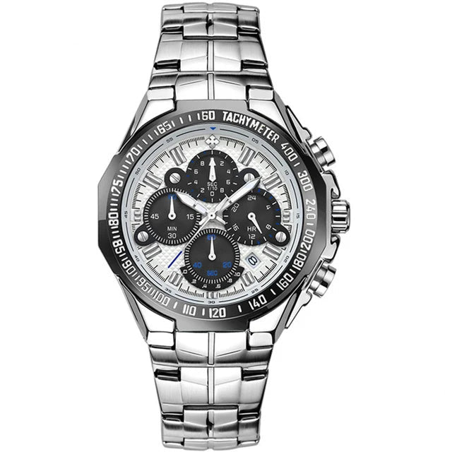 Men’s Luminous Quartz Chronograph Watch – Stainless Steel Strap with Calendar Function