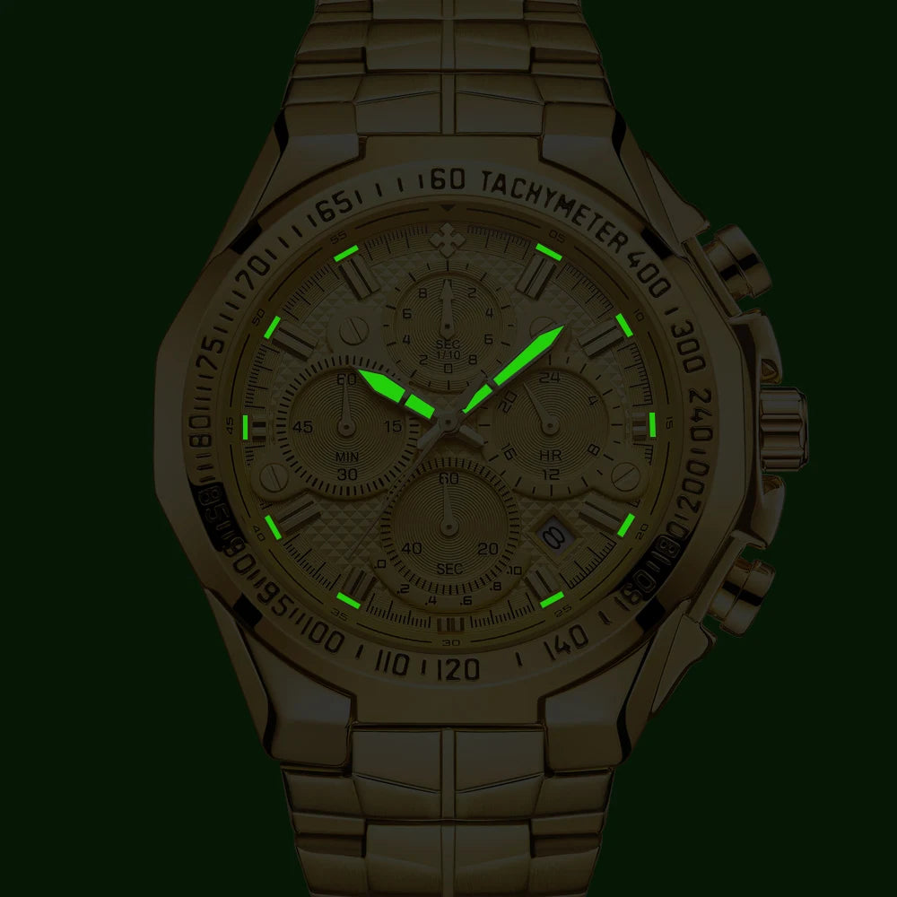 Men’s Luminous Quartz Chronograph Watch – Stainless Steel Strap with Calendar Function