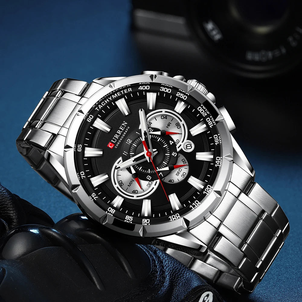 Men’s Stainless Steel Quartz Watch – Classic Round Dial with Chronograph Design