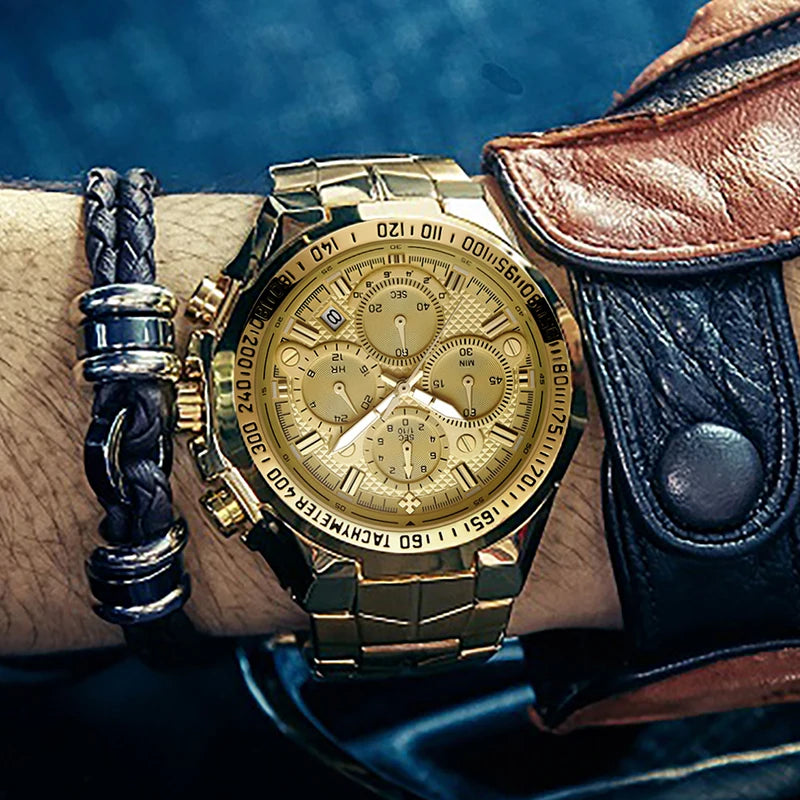 Men’s Luminous Quartz Chronograph Watch – Stainless Steel Strap with Calendar Function