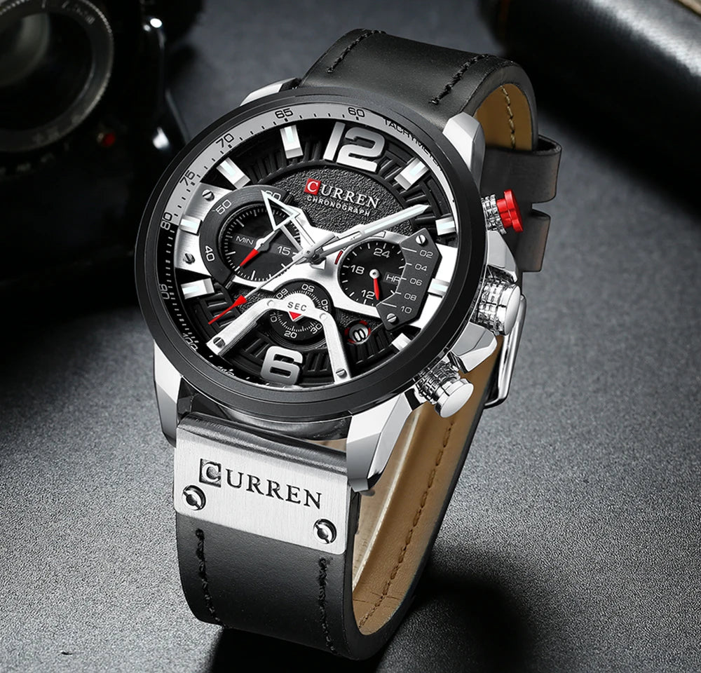 Men’s Military Quartz Chronograph Watch – Leather Band with 24-Hour Sub-Dial