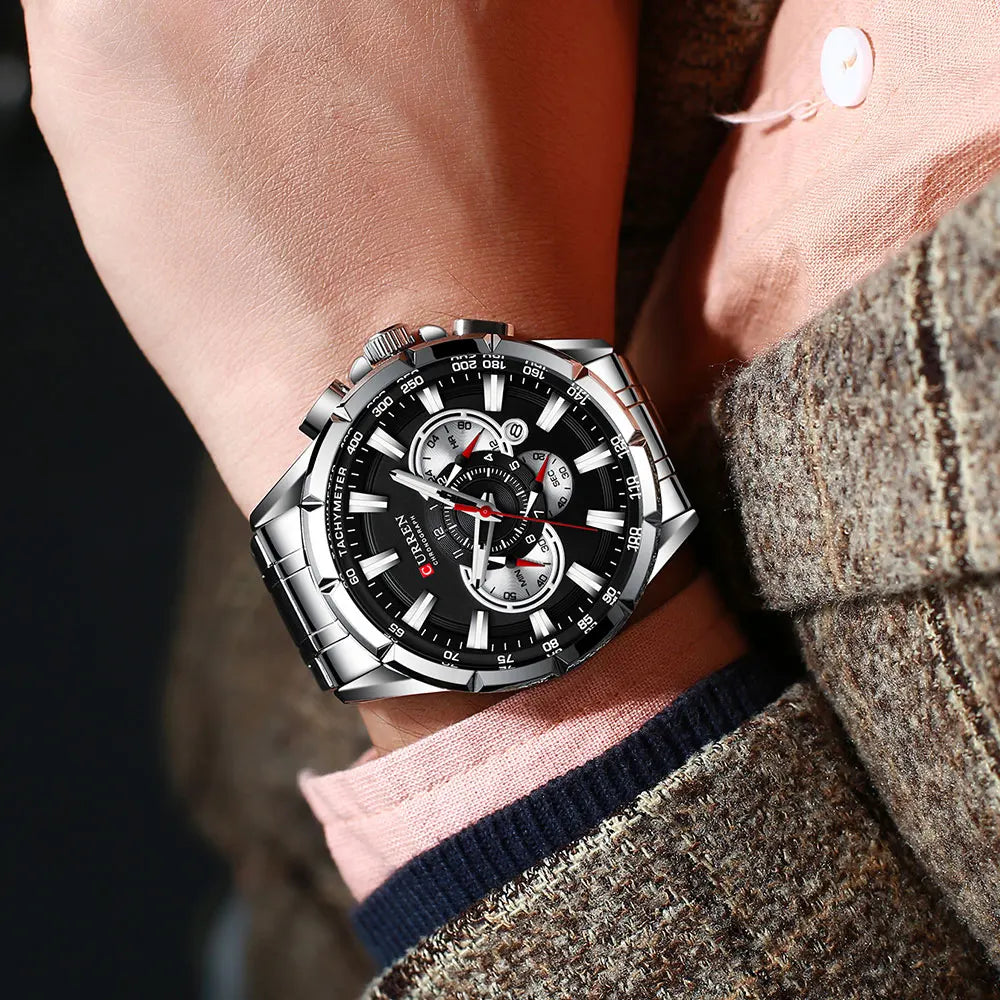 Men’s Stainless Steel Quartz Watch – Classic Round Dial with Chronograph Design