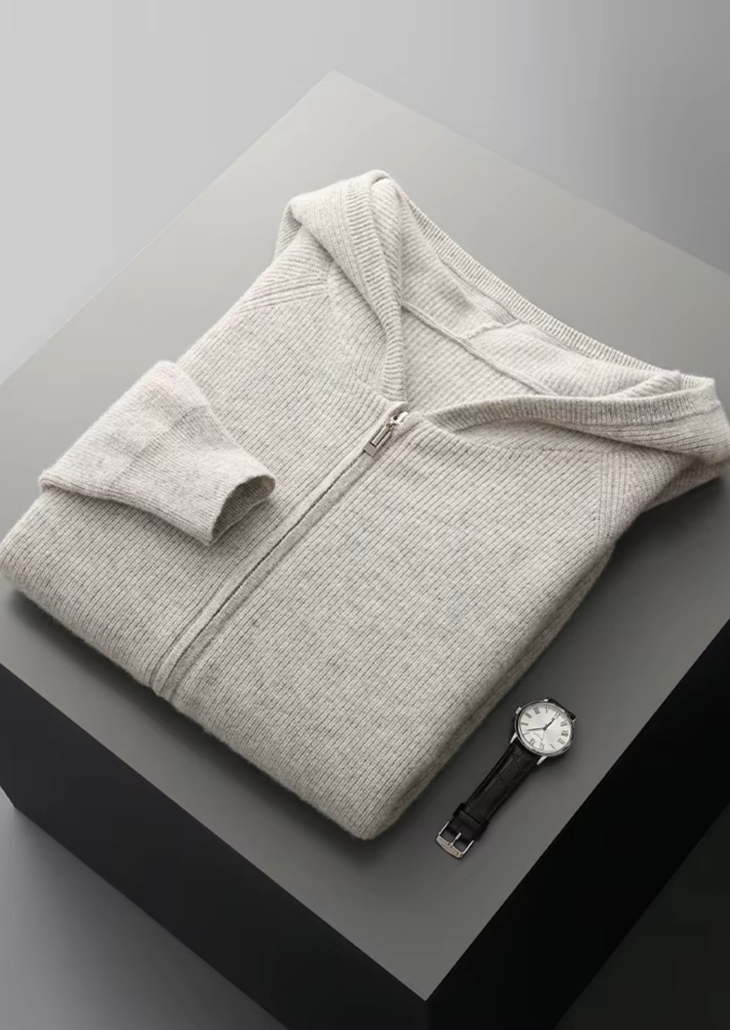 Hoodie Grey Extra-Fine Merino Wool Ribbed Zip