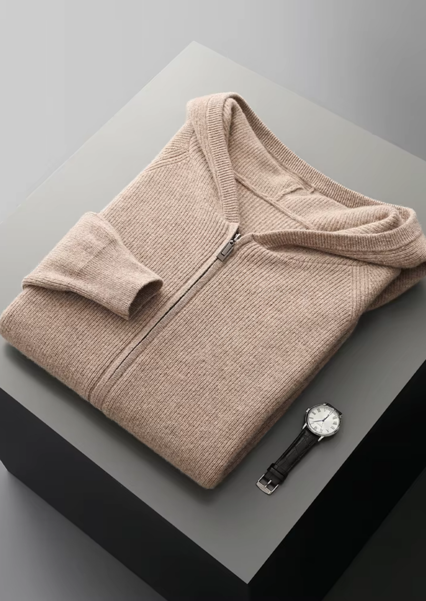 Hoodie Grey Extra-Fine Merino Wool Ribbed Zip