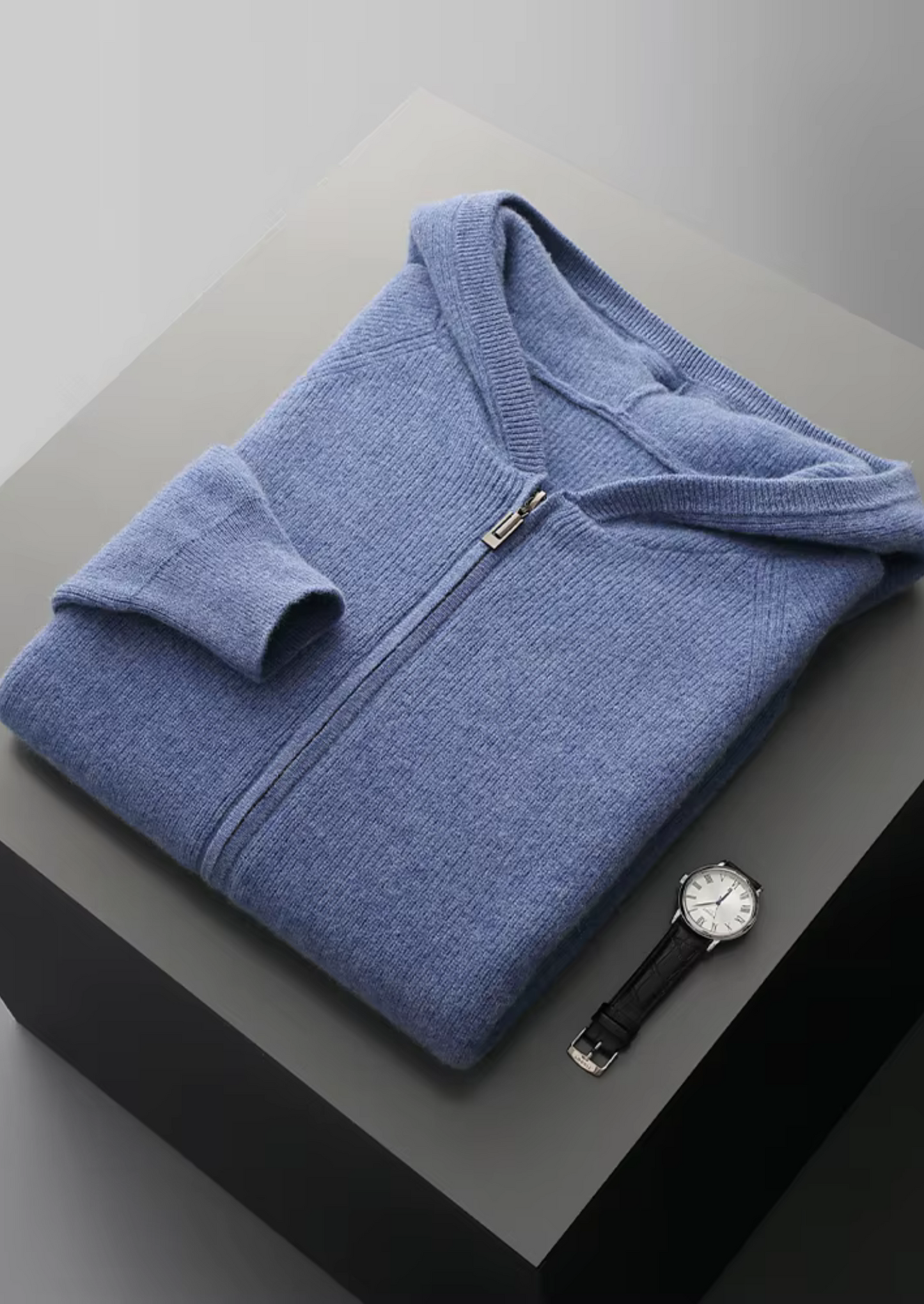 Hoodie Grey Extra-Fine Merino Wool Ribbed Zip