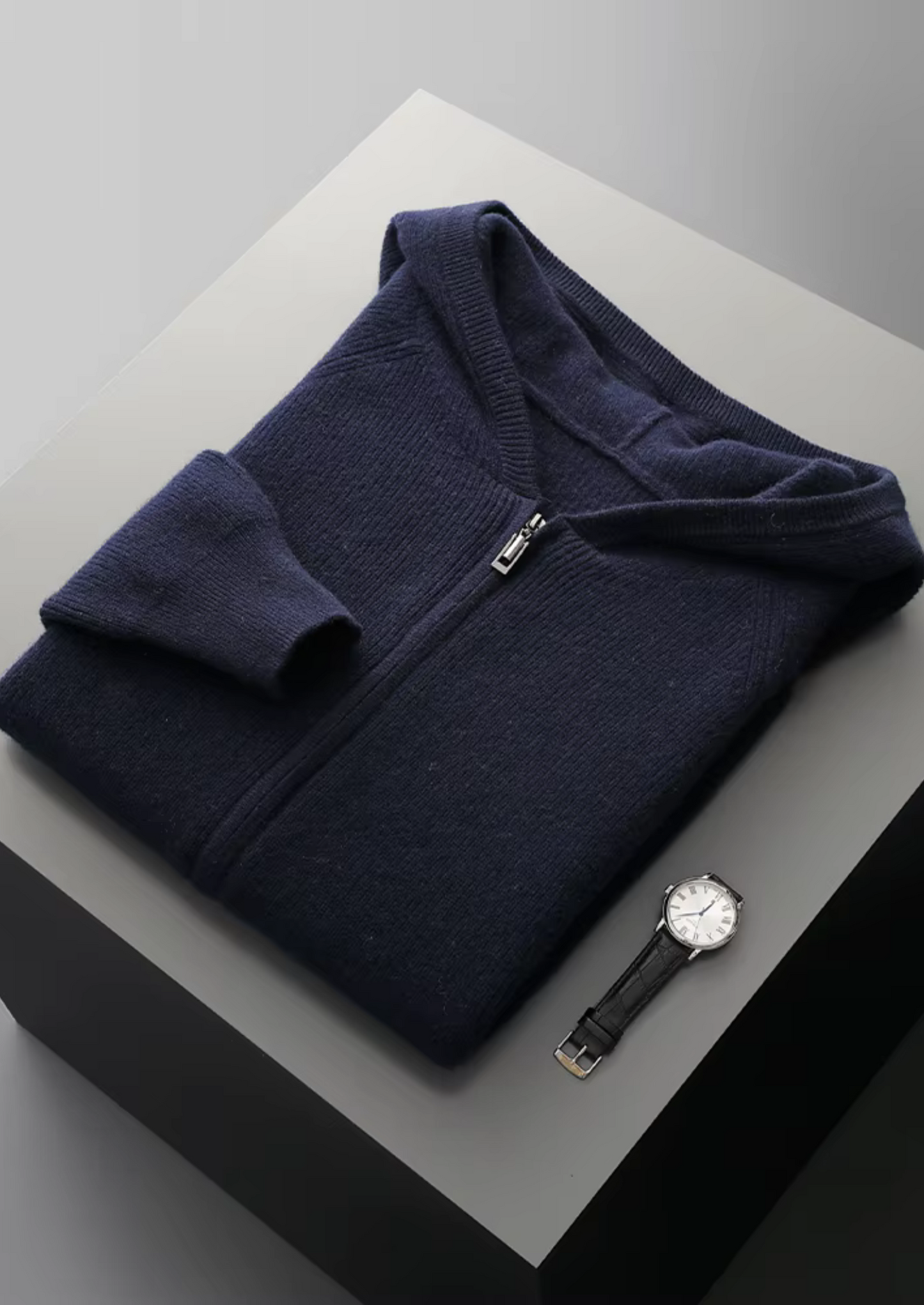 Hoodie Grey Extra-Fine Merino Wool Ribbed Zip