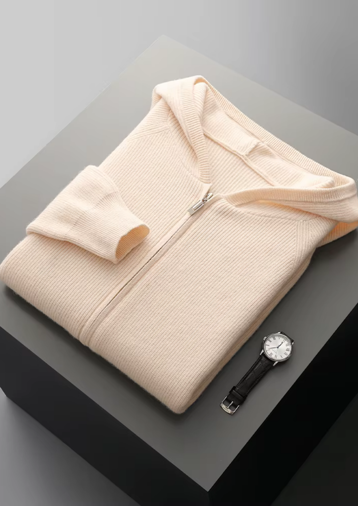 Hoodie Grey Extra-Fine Merino Wool Ribbed Zip