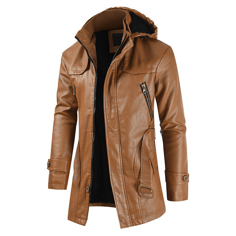 Men's Leather Winter Jacket with Stylish Double Collar and Zip Closure - Warm, Trendy Outerwear for Cold Weather