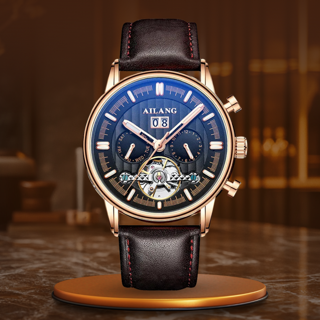 Luxury Automatic Tourbillon Watch with Brown Leather Strap – Water Resistant Timepiece with Weekly Calendar Display