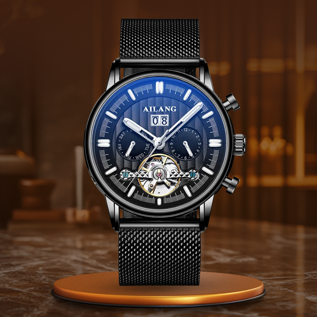 Luxury Automatic Tourbillon Watch with Brown Leather Strap – Water Resistant Timepiece with Weekly Calendar Display