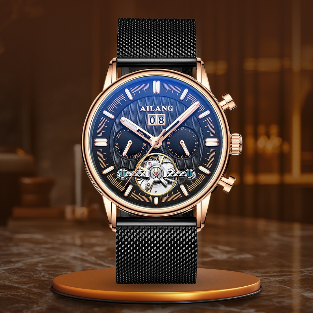 Luxury Automatic Tourbillon Watch with Brown Leather Strap – Water Resistant Timepiece with Weekly Calendar Display