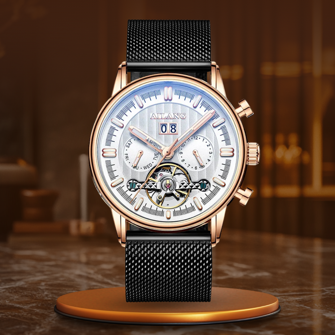 Luxury Automatic Tourbillon Watch with Brown Leather Strap – Water Resistant Timepiece with Weekly Calendar Display