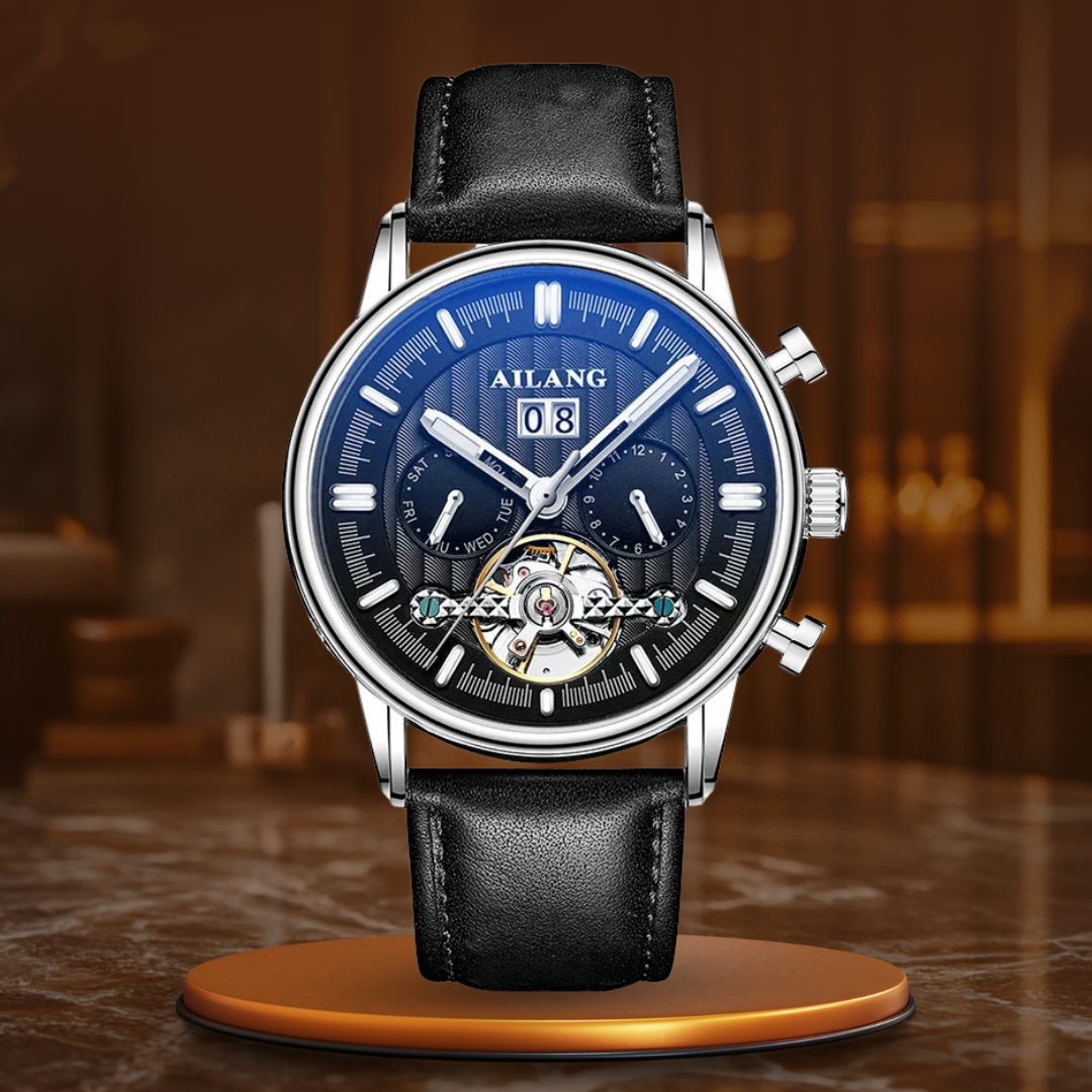 Luxury Automatic Tourbillon Watch with Brown Leather Strap – Water Resistant Timepiece with Weekly Calendar Display