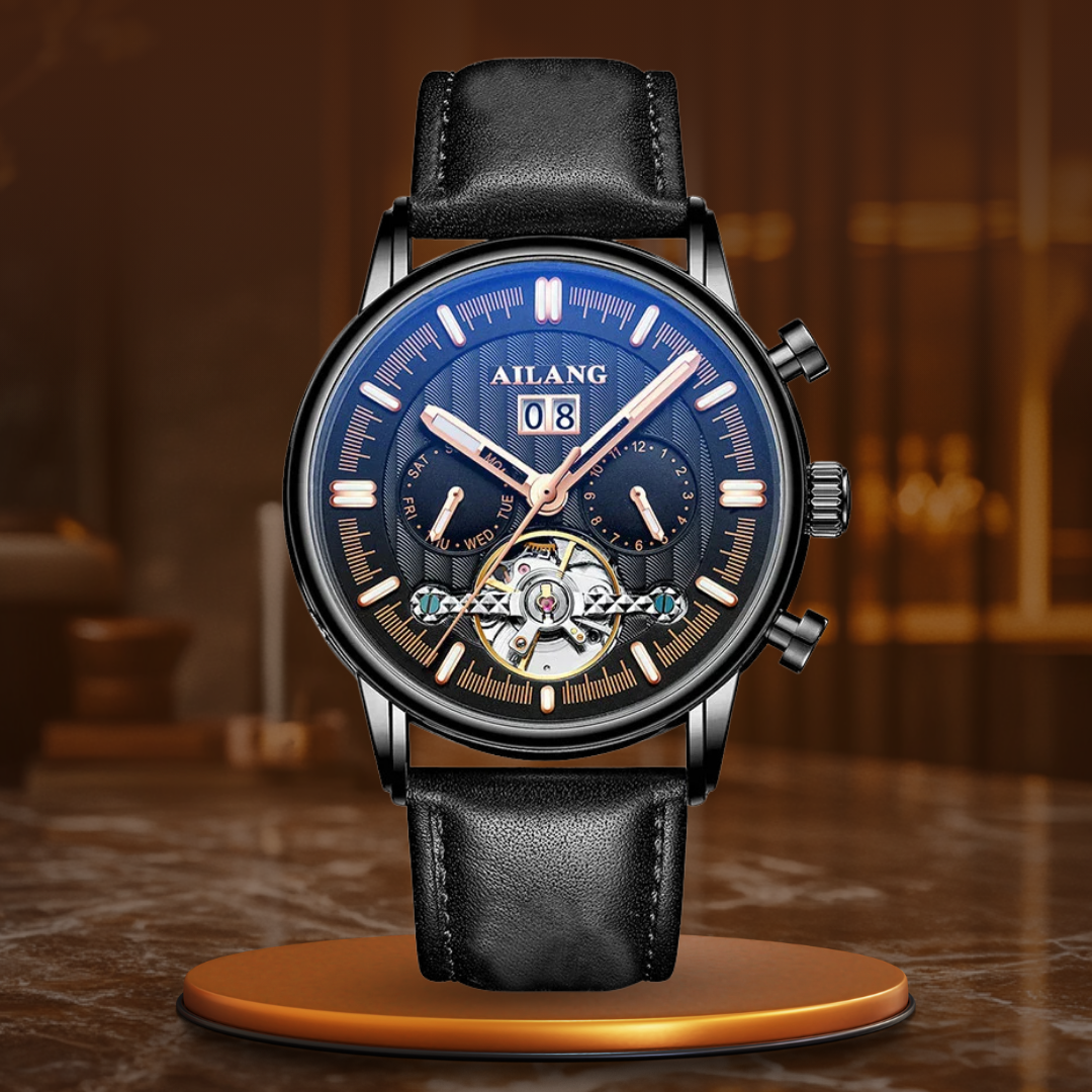 Luxury Automatic Tourbillon Watch with Brown Leather Strap – Water Resistant Timepiece with Weekly Calendar Display
